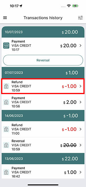 In the Transactions list, the refunded transaction would be shown in red